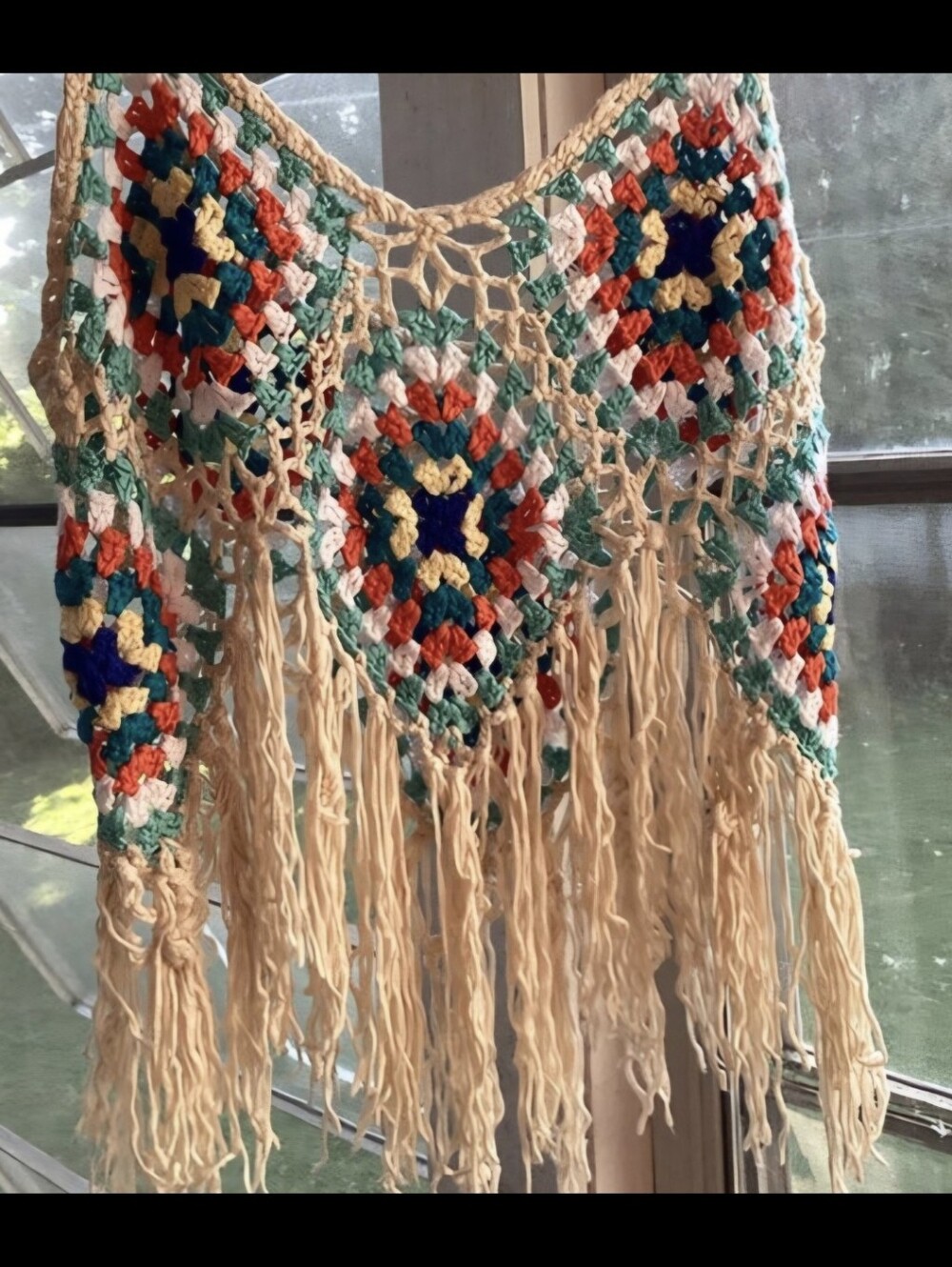 Boho Crochet Fringe Crop Top in Beige with Multicolor Motifs